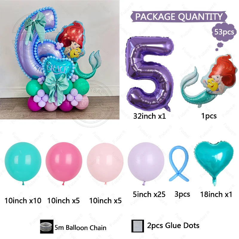 53pcs Cartoon Mermaid Princess Ariel Themed Party Balloons Purple Number 1-9 Foil Globos for Girls Birthday Party Decor Supplies