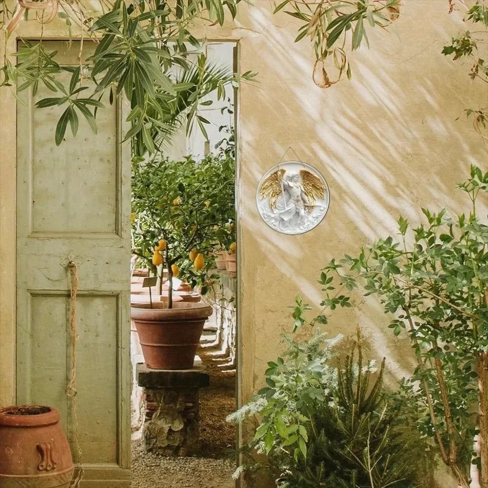 2D Angel Circular Wooden Sign, Religious Theme, Suitable for Home, Office, Garage, Garden, Porch, Festival Decoration, Gifts