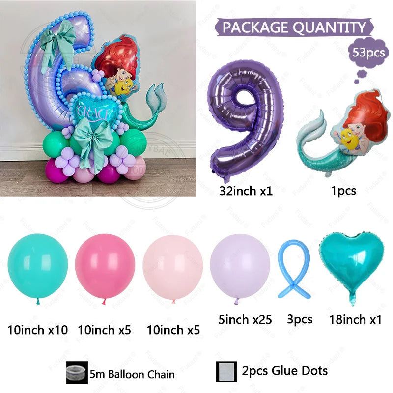53pcs Cartoon Mermaid Princess Ariel Themed Party Balloons Purple Number 1-9 Foil Globos for Girls Birthday Party Decor Supplies