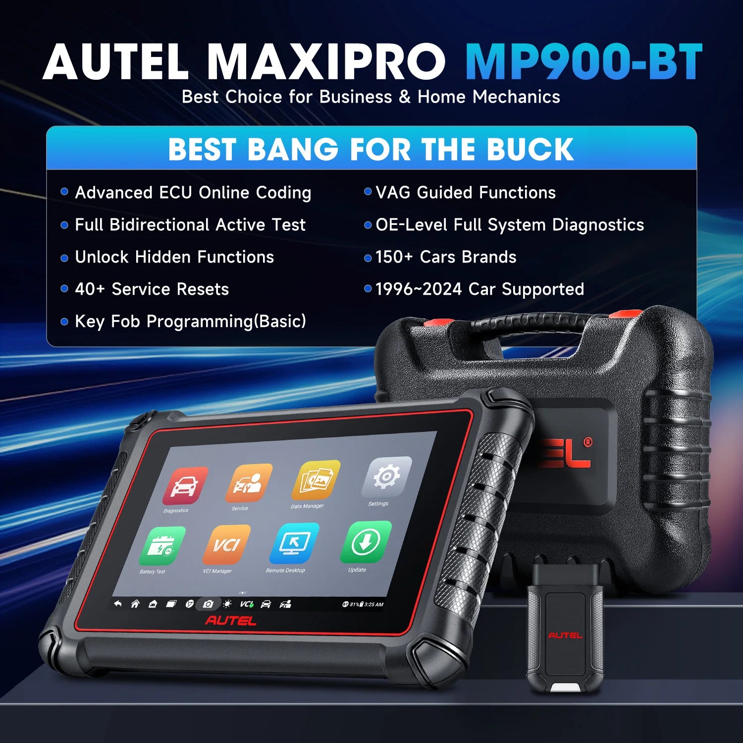 Autel MaxiPRO MP900-BT
Pro Car Diagnostic Scanner – €699

Short Description:
Full ECU & OBD2 diagnostics.
Fast Bluetooth, pro-level accuracy.

✨ Order now for just €799!