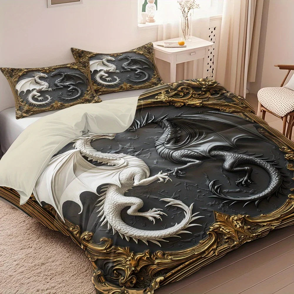 3pcs Black and White Dragon Decoration Printed Quilt Set- Includes 1 Quilt Cover and 2 Pillow Cover (without Filler)
