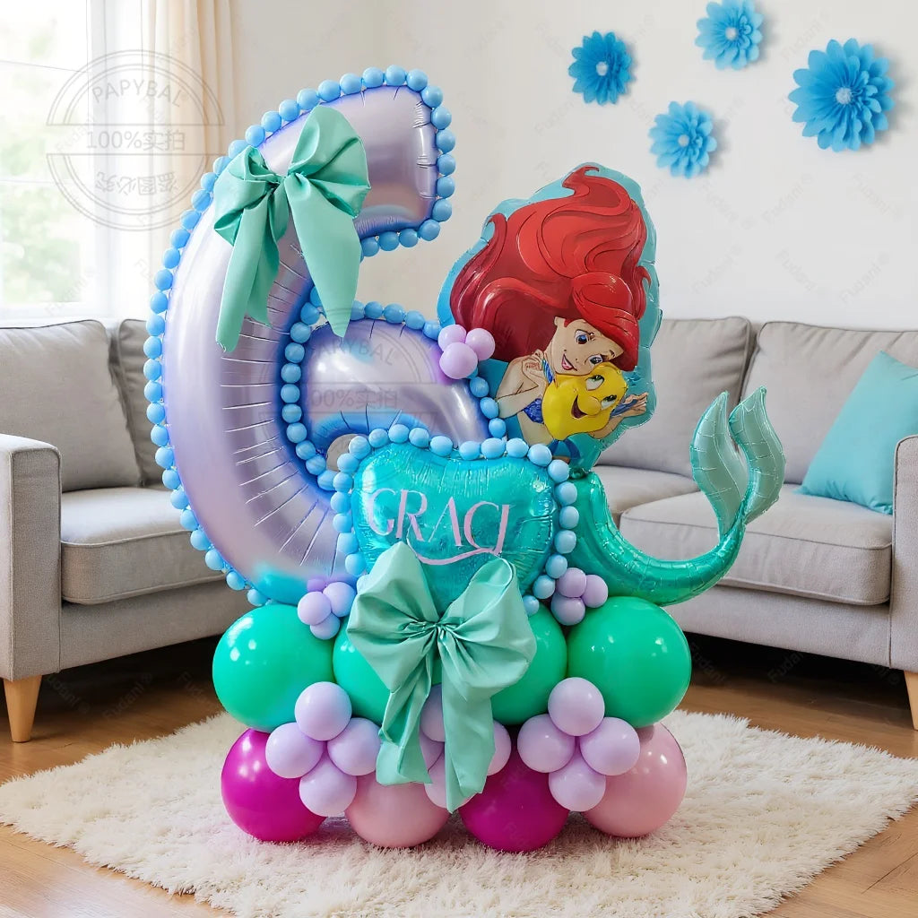 53pcs Cartoon Mermaid Princess Ariel Themed Party Balloons Purple Number 1-9 Foil Globos for Girls Birthday Party Decor Supplies