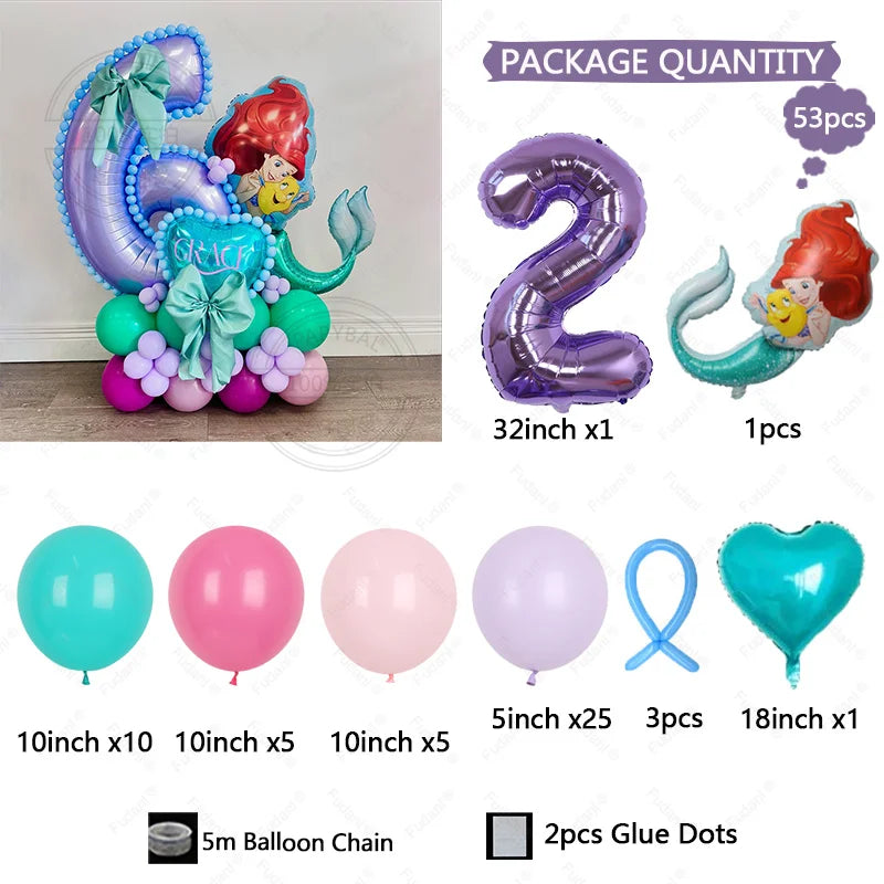53pcs Cartoon Mermaid Princess Ariel Themed Party Balloons Purple Number 1-9 Foil Globos for Girls Birthday Party Decor Supplies