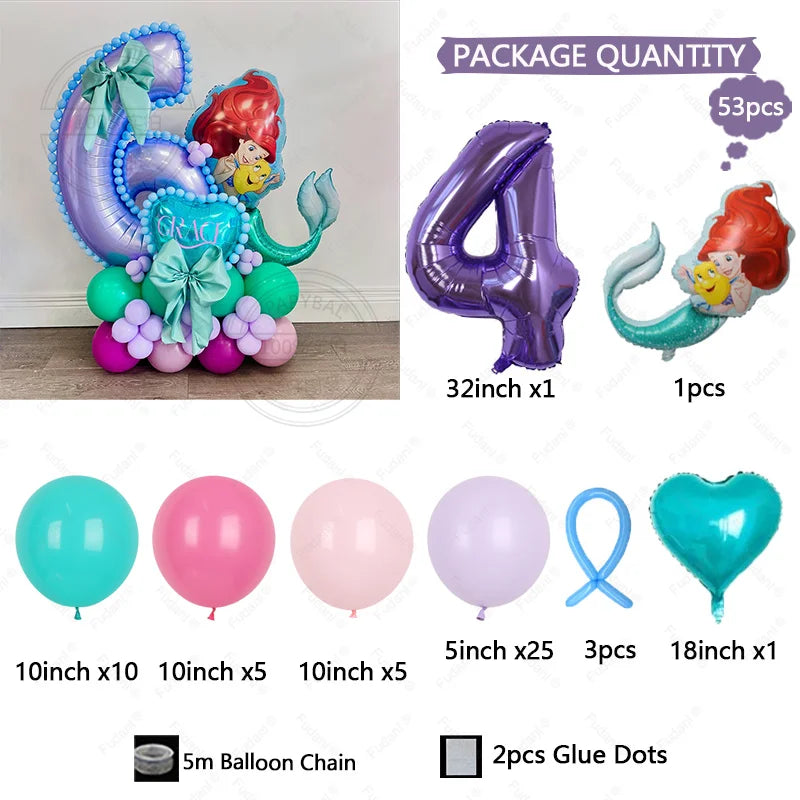 53pcs Cartoon Mermaid Princess Ariel Themed Party Balloons Purple Number 1-9 Foil Globos for Girls Birthday Party Decor Supplies