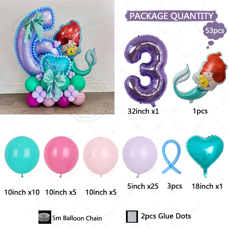 53pcs Cartoon Mermaid Princess Ariel Themed Party Balloons Purple Number 1-9 Foil Globos for Girls Birthday Party Decor Supplies