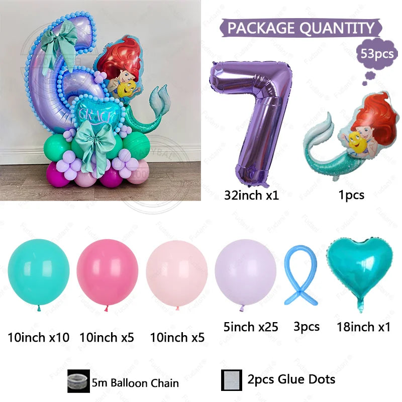 53pcs Cartoon Mermaid Princess Ariel Themed Party Balloons Purple Number 1-9 Foil Globos for Girls Birthday Party Decor Supplies