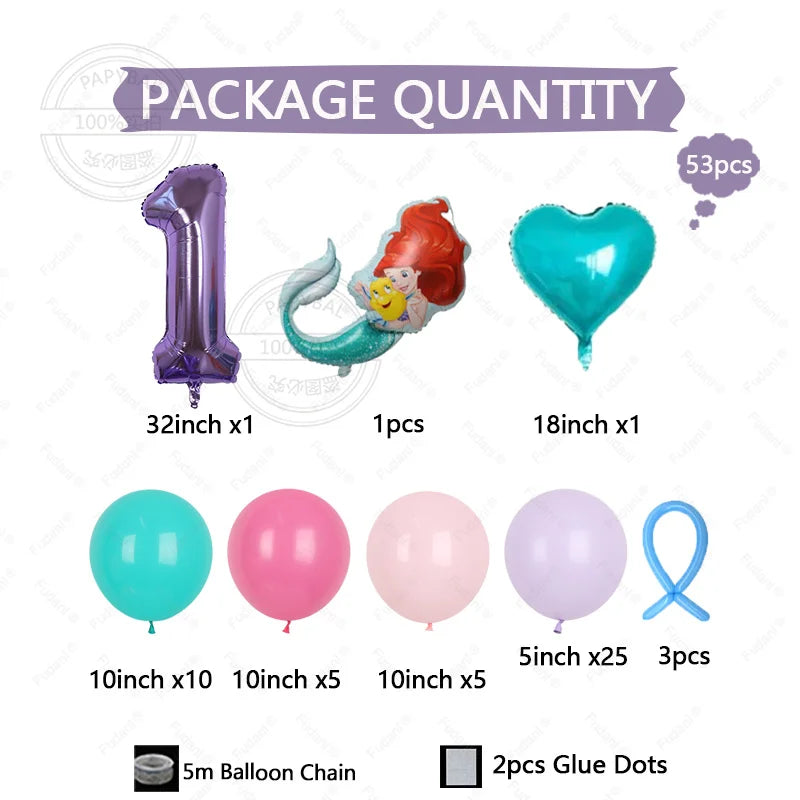 53pcs Cartoon Mermaid Princess Ariel Themed Party Balloons Purple Number 1-9 Foil Globos for Girls Birthday Party Decor Supplies