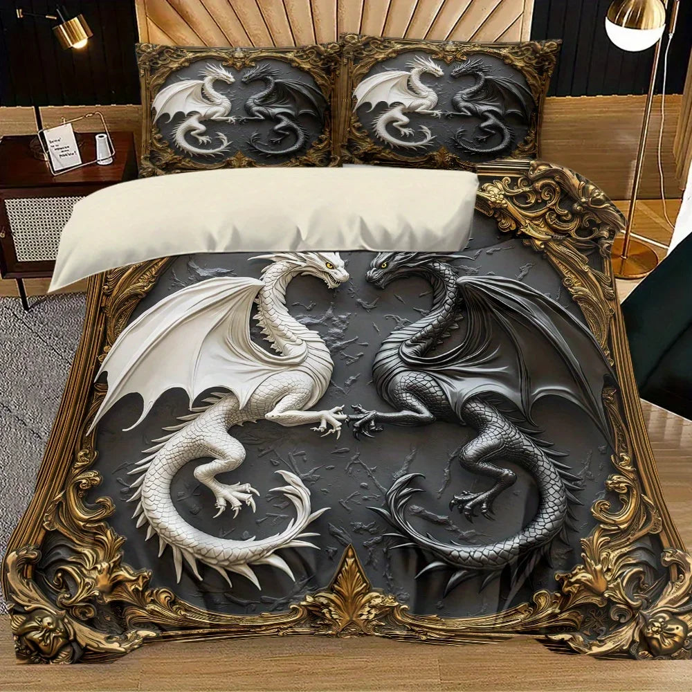 3pcs Black and White Dragon Decoration Printed Quilt Set- Includes 1 Quilt Cover and 2 Pillow Cover (without Filler)