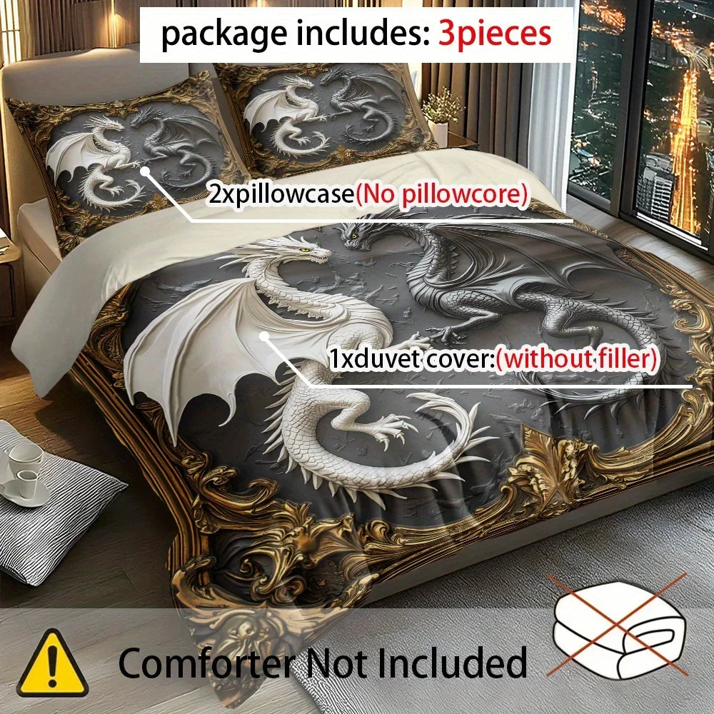 3pcs Black and White Dragon Decoration Printed Quilt Set- Includes 1 Quilt Cover and 2 Pillow Cover (without Filler)