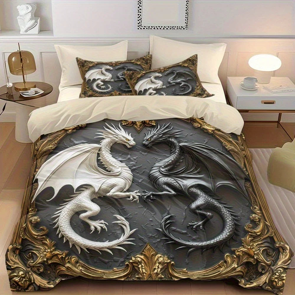 3pcs Black and White Dragon Decoration Printed Quilt Set- Includes 1 Quilt Cover and 2 Pillow Cover (without Filler)