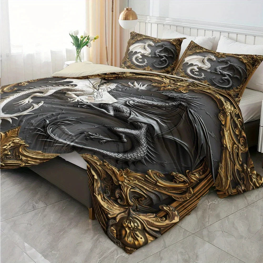 3pcs Black and White Dragon Decoration Printed Quilt Set- Includes 1 Quilt Cover and 2 Pillow Cover (without Filler)