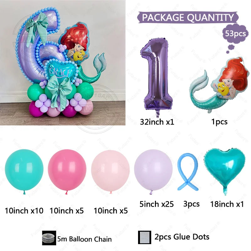 53pcs Cartoon Mermaid Princess Ariel Themed Party Balloons Purple Number 1-9 Foil Globos for Girls Birthday Party Decor Supplies