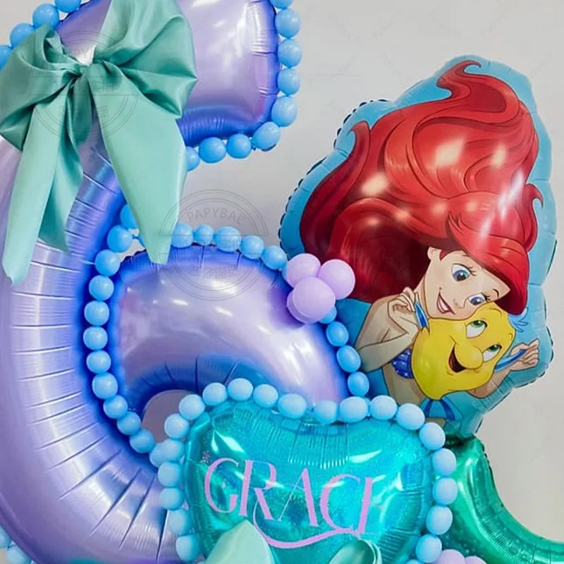 53pcs Cartoon Mermaid Princess Ariel Themed Party Balloons Purple Number 1-9 Foil Globos for Girls Birthday Party Decor Supplies